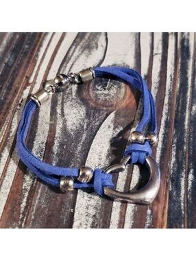 Antique Silver Indigo Blue Vegan Suede Heart Magnetic Clasp Bracelet